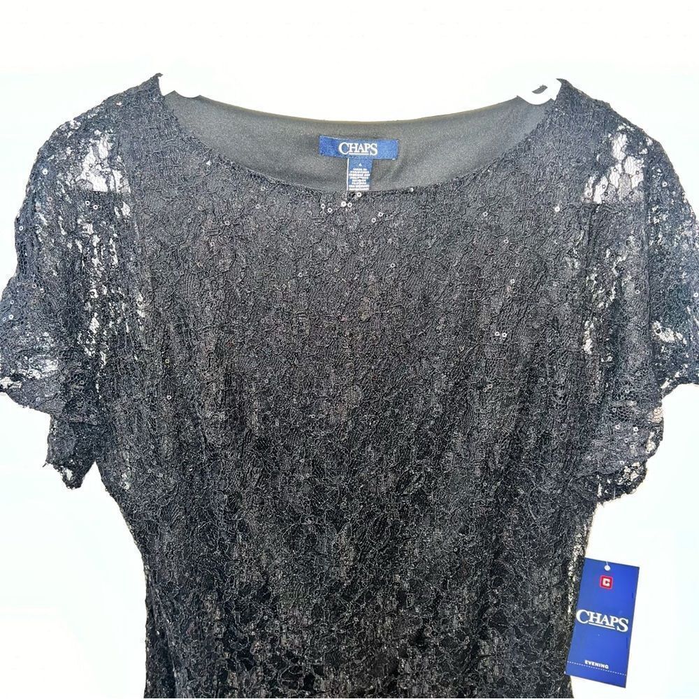 Chaps Semi Formal Black Lace and Sequin Midi dress size 4- New with tags - Picture 7 of 13